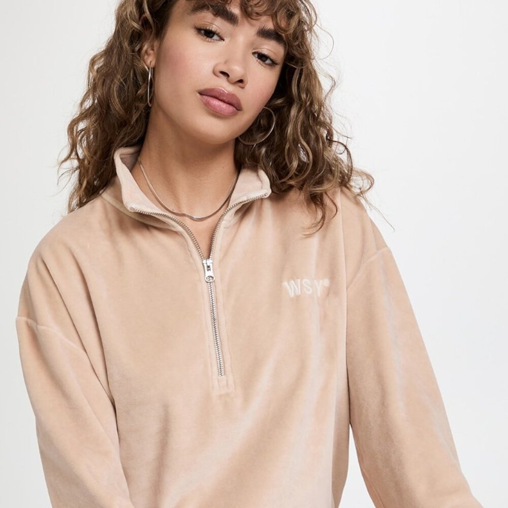NWT Bandier WSLY $148 Eco Plush Half Zip Sweatshirt in Quartz Velour, Size Large